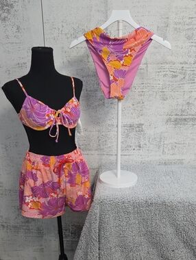 ROXY Floral Pink & Purple Bikini Set with Matching Shorts